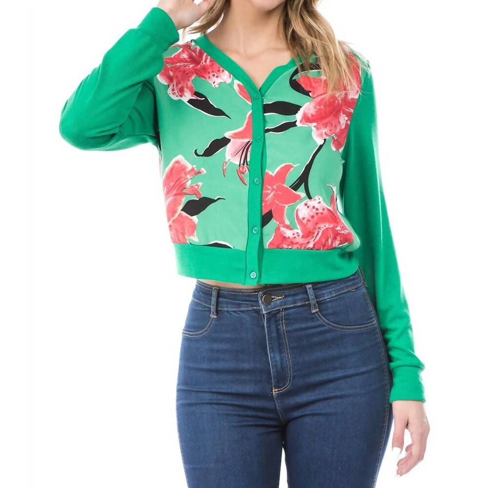 NEW FANCY FASHION v-neck floral cardigan in green